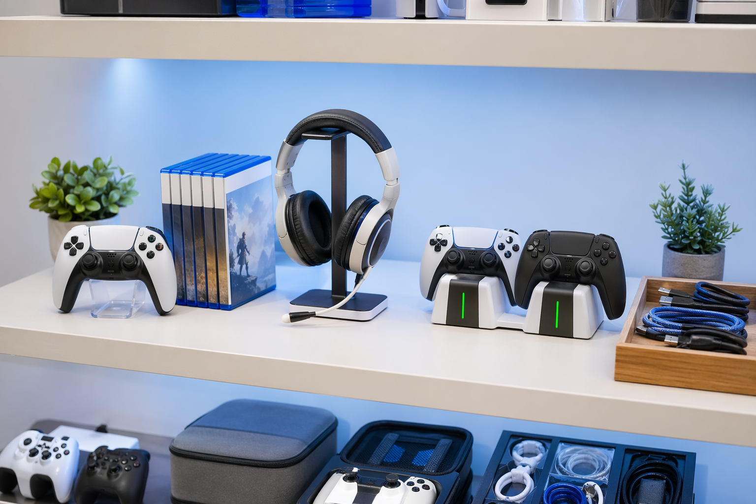 Point Info Games shelves with consoles, games, and accessories