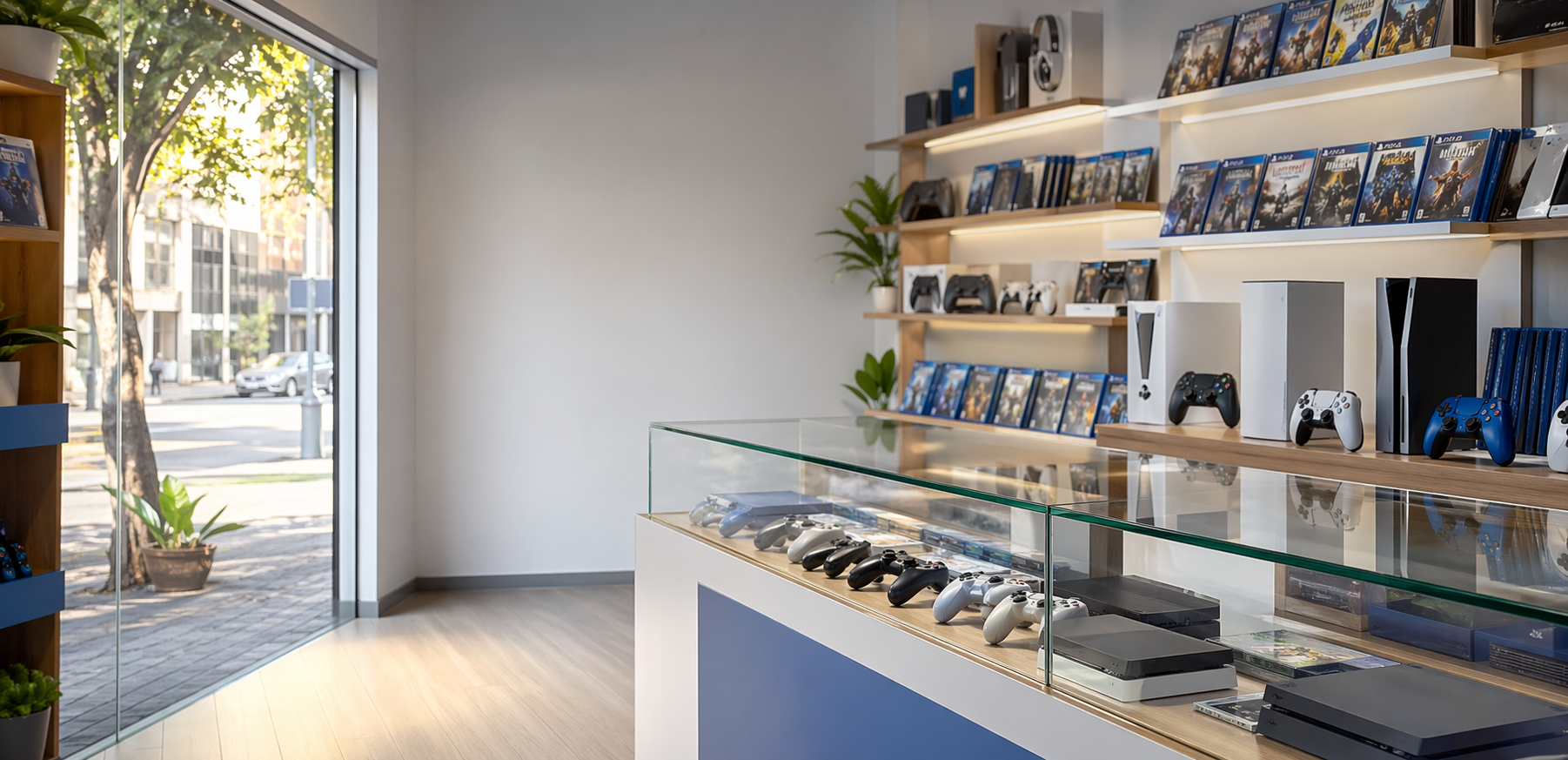 Point Info Games storefront with customers at the glass display counter